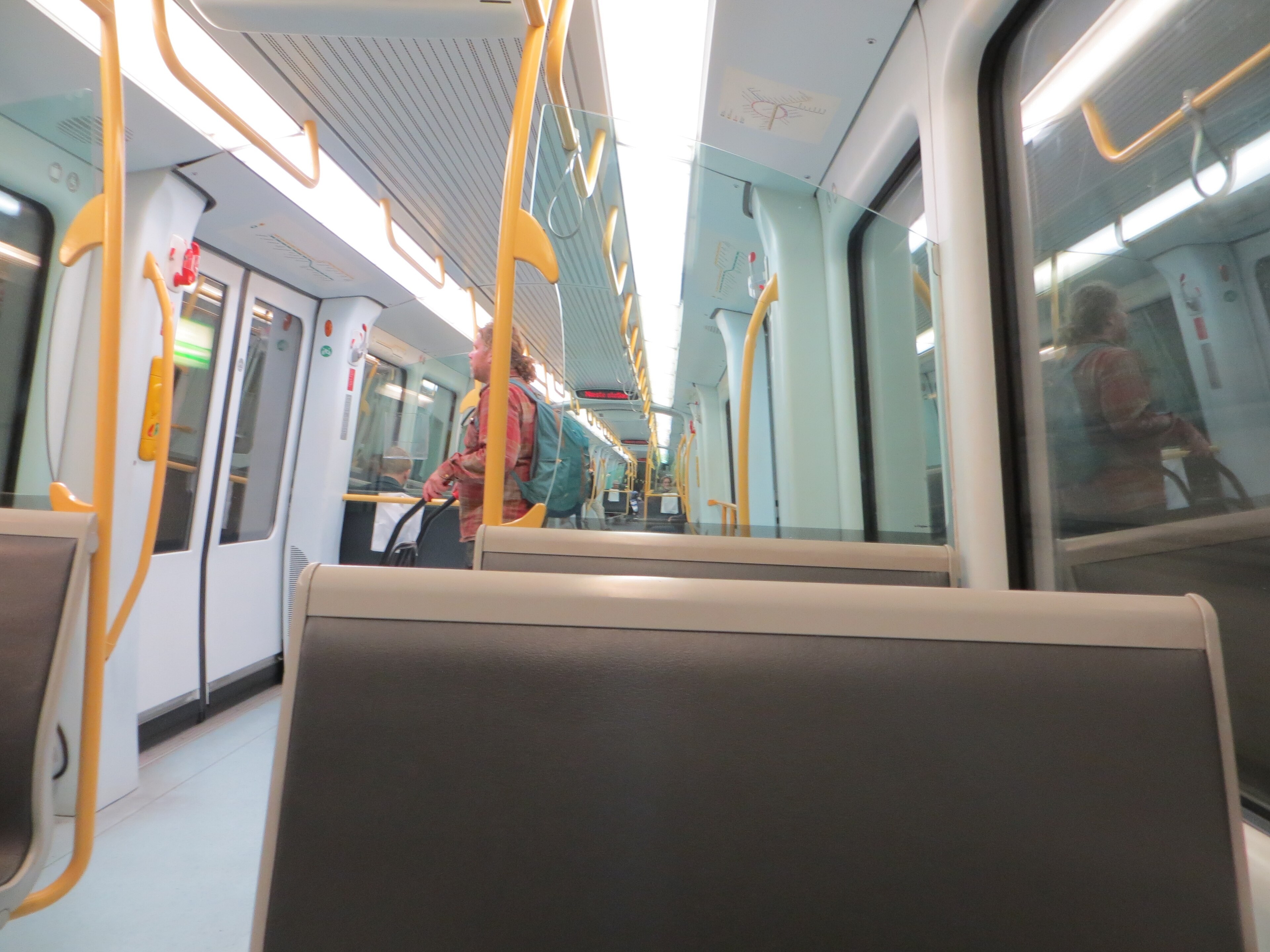 Interior of a Copenhagen Metro train, the driverless cars that feed the airport line